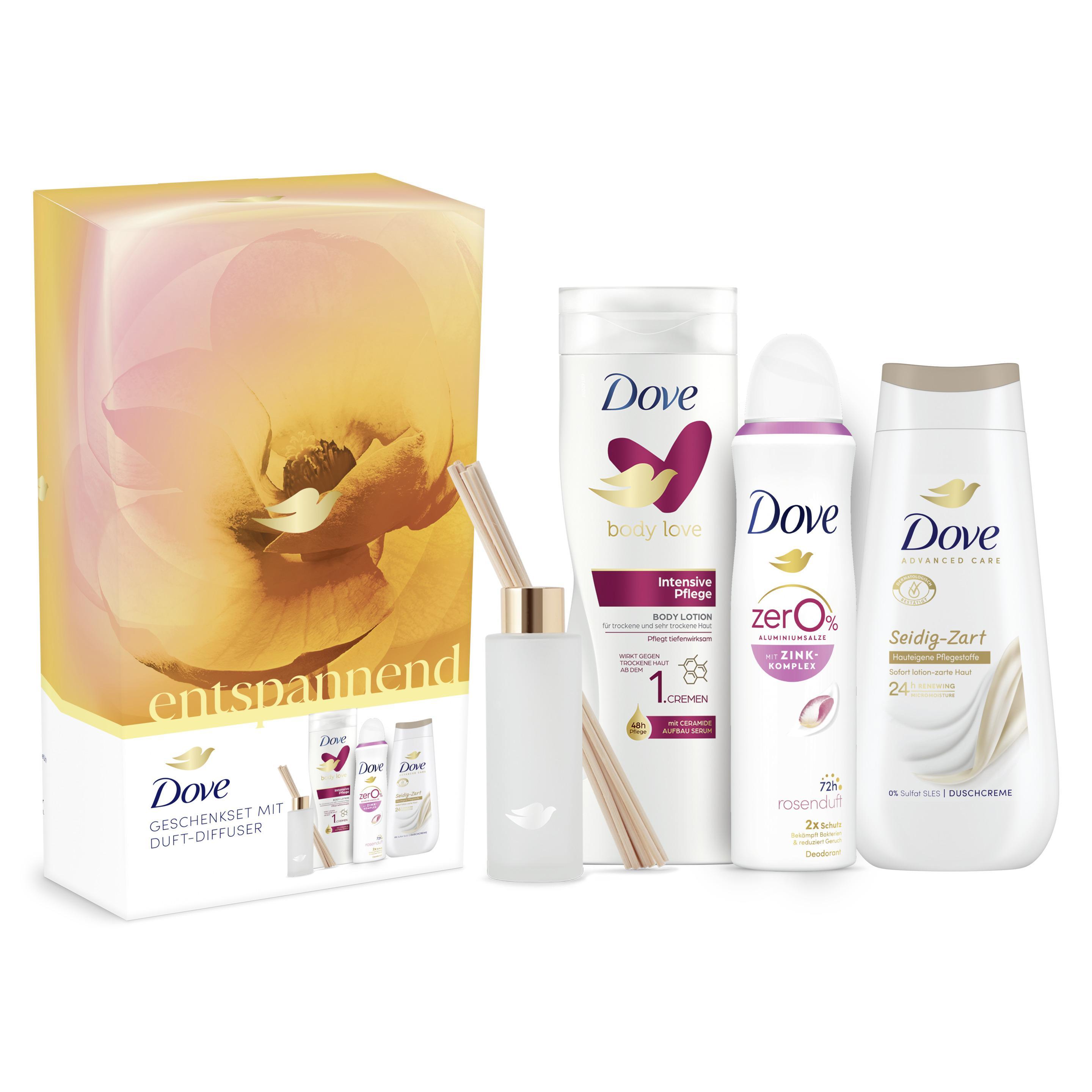 Dove Geschenkset "Entspannend" mit Duschcreme, Deodorant, Body Lotion und Duft-Diffuser (225 ml + 150 ml + 400 ml)