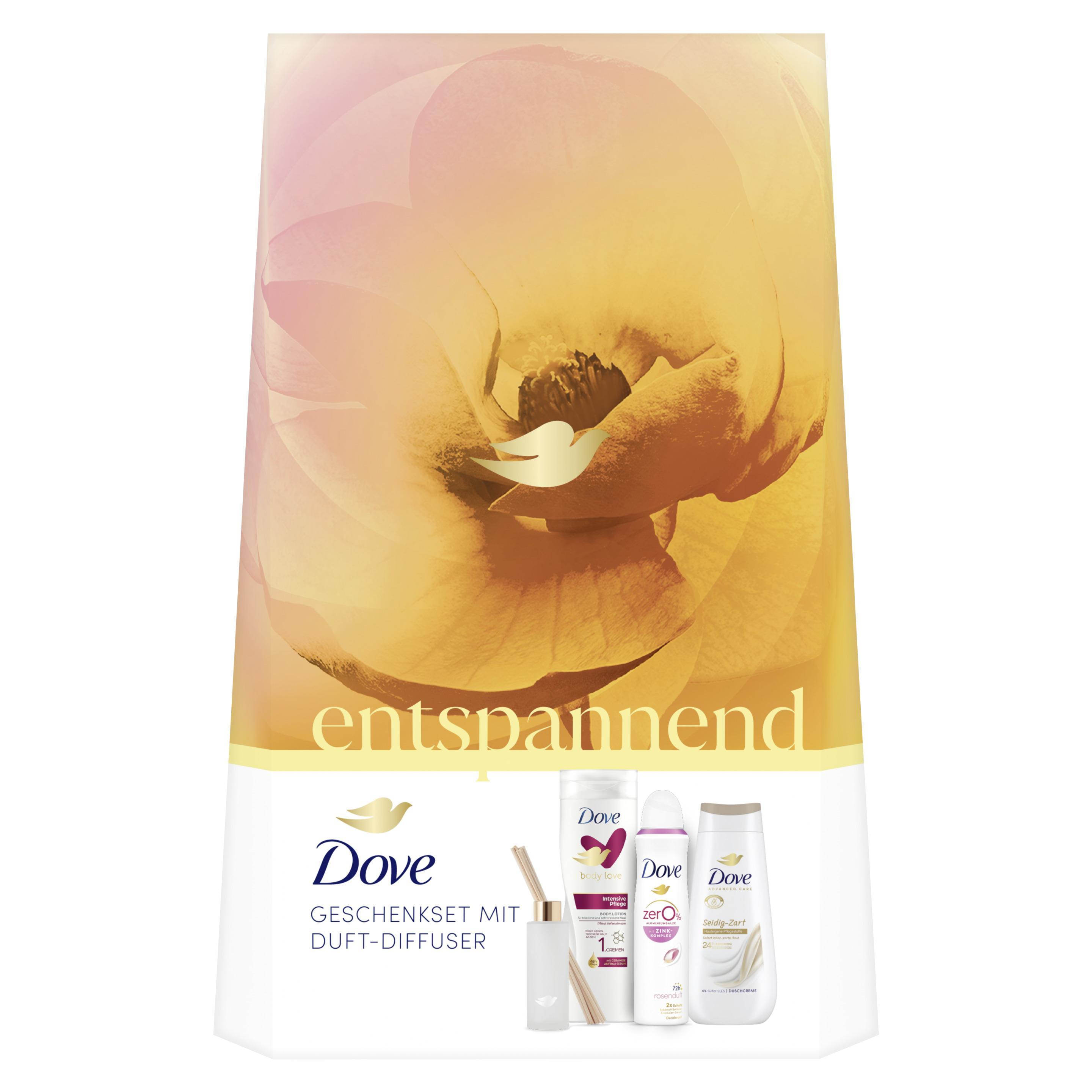 Dove Geschenkset "Entspannend" mit Duschcreme, Deodorant, Body Lotion und Duft-Diffuser (225 ml + 150 ml + 400 ml)