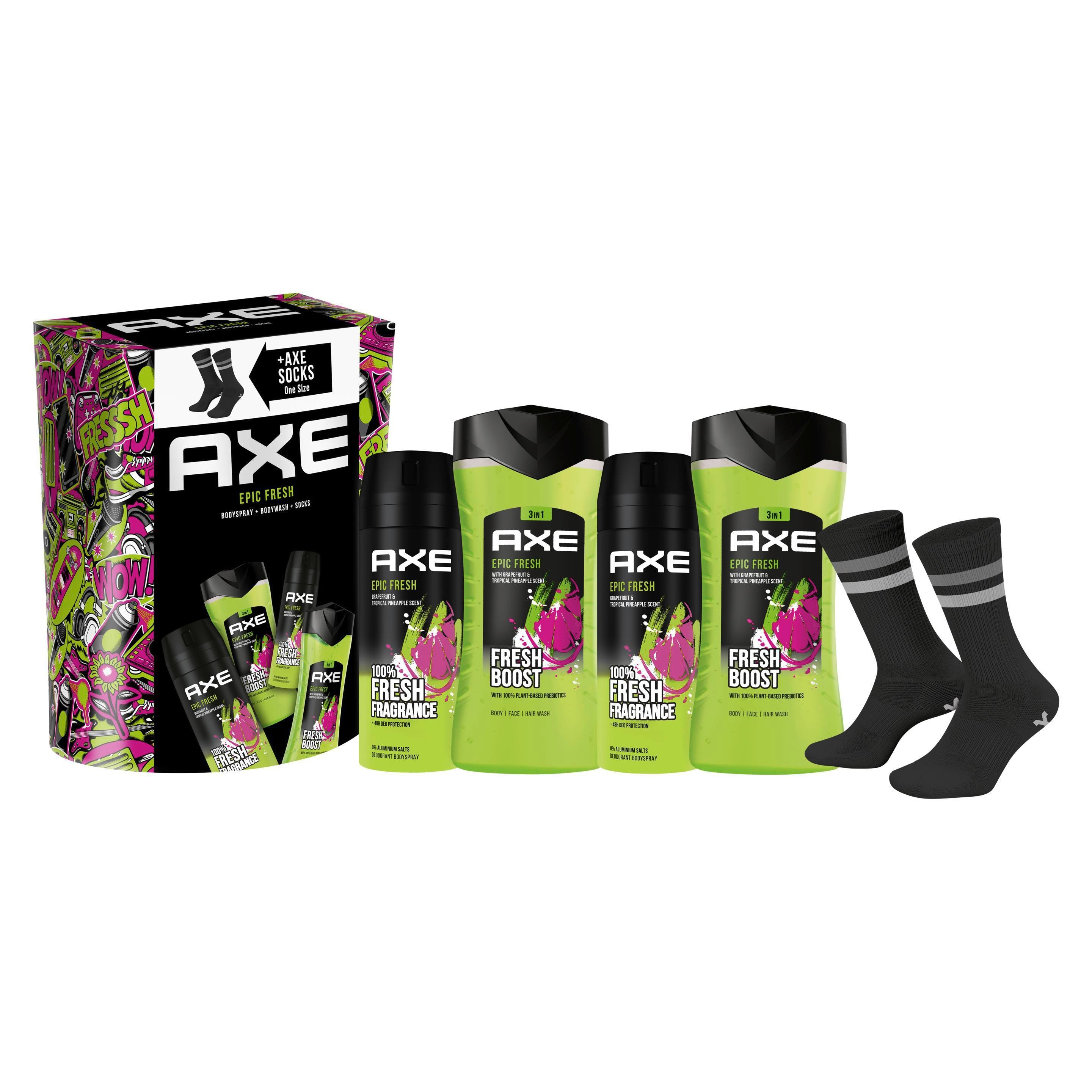 Axe  Geschenkset "Epic Fresh" Pflegeset mit 2x Deodorant, 2x Duschgel und Socken (2x 150ml + 2x 250ml)