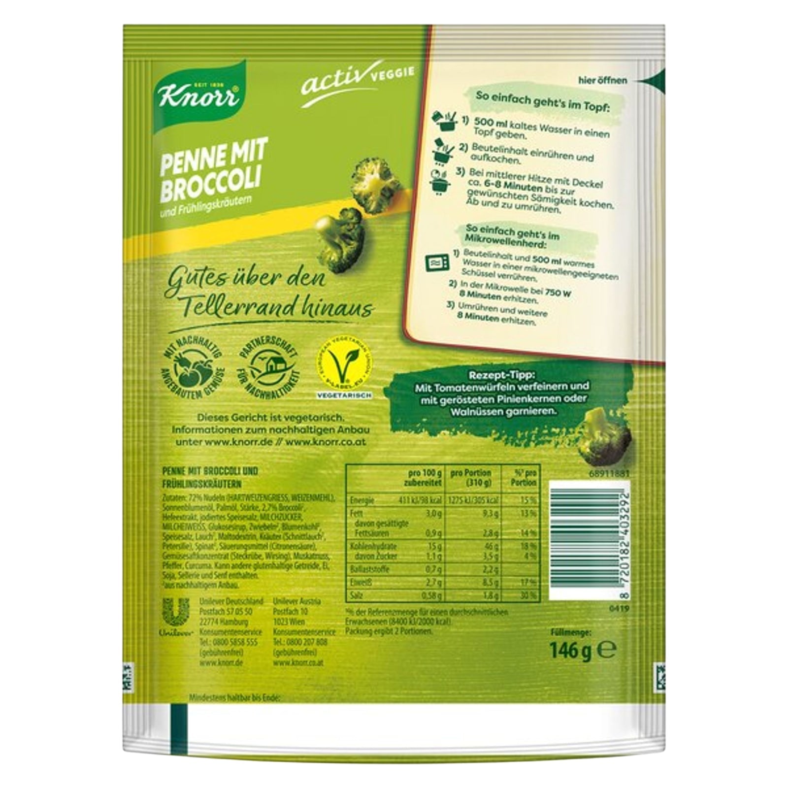 Knorr Activ Veggie Nudel-Fertiggericht Penne mit Broccoli und Frühlingskräutern Nudelgericht ohne geschmacksverstärkende Zusatzstoffe und Farbstoffe 146 g
