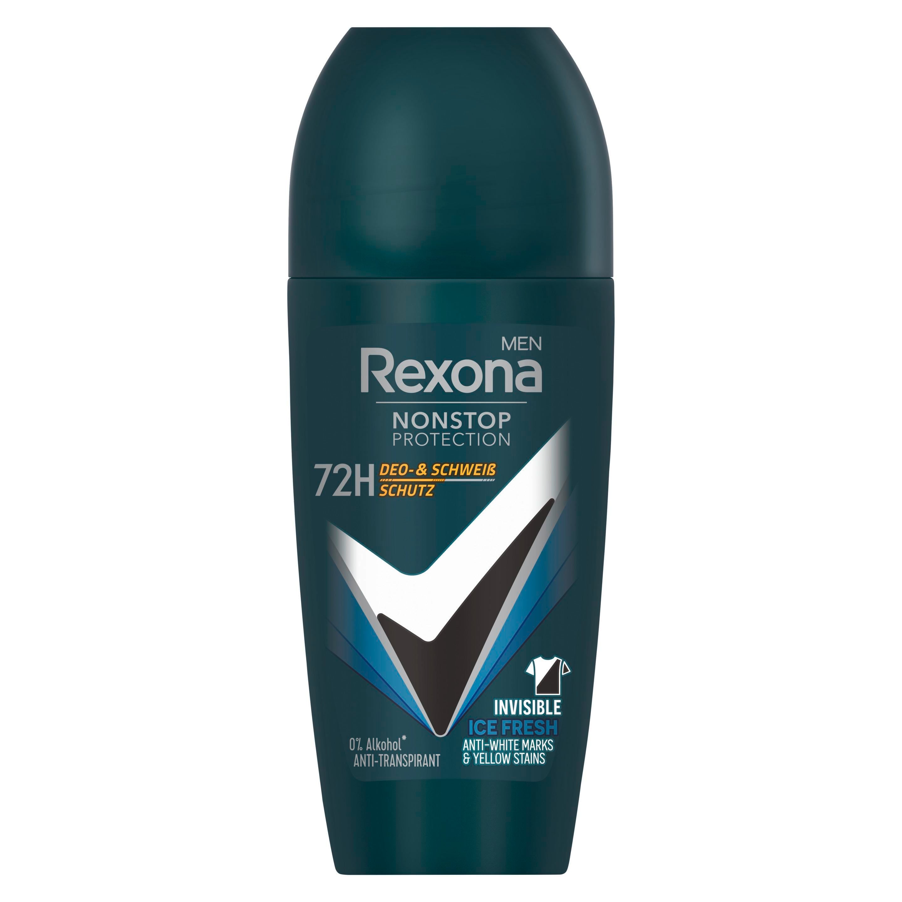 Rexona Men Nonstop Protection Deo Roll-On Invisible Ice Fresh Antitranspirant mit 72 Stunden Schutz vor Schweiß und Körpergeruch 50 ml