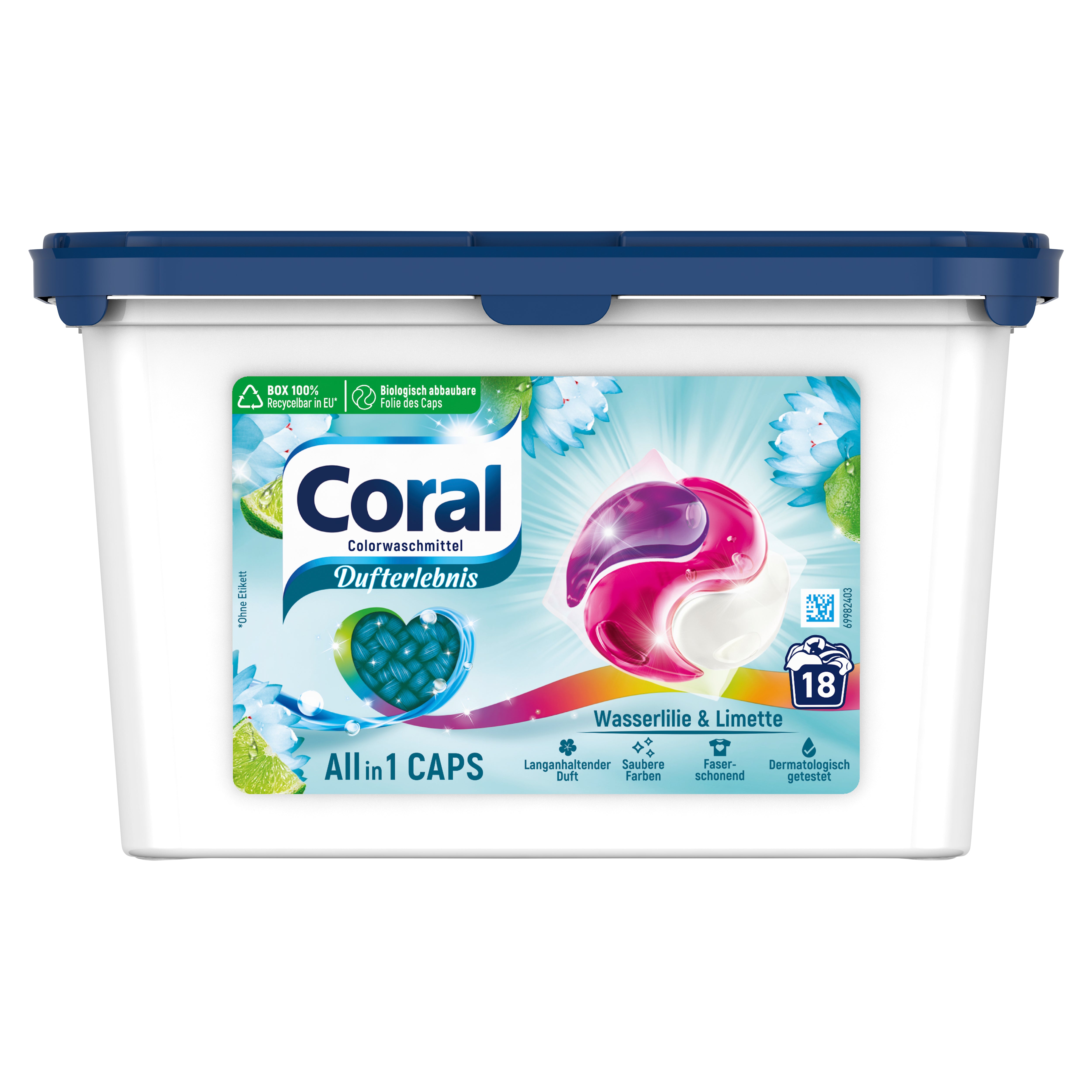 Coral  Waschmittel Allin1 Caps Dufterlebnis Wasserlilie & Limette für strahlend saubere Farben mit langanhaltendem Duft 18 WL 3 Stück