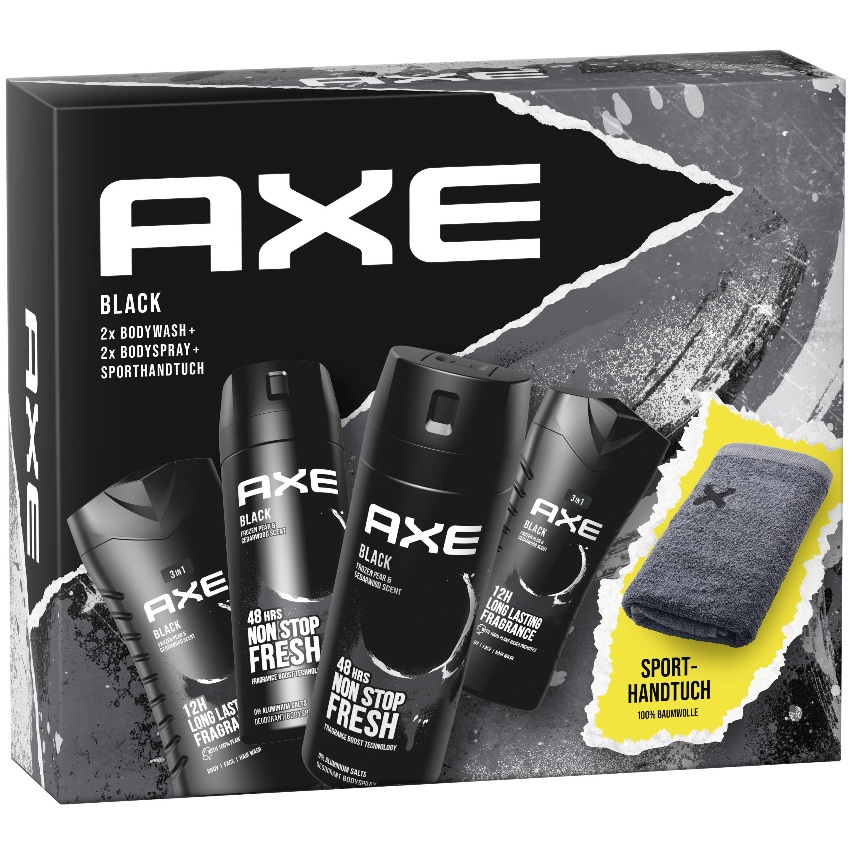 Axe Geschenkset Black 2xBodyspray 150ml + 2xDuschgel 250ml + Sporthandtuchh)