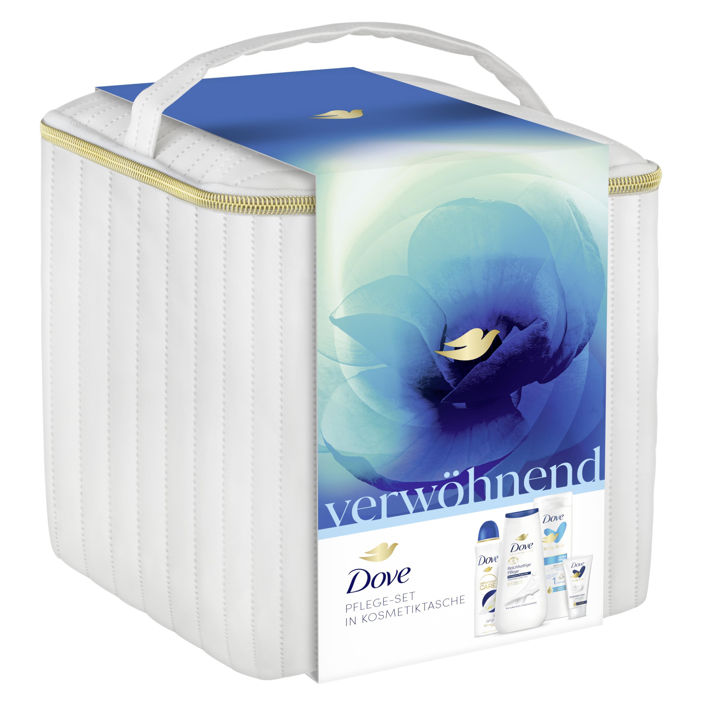 Dove  Geschenkset "Verwöhnend" mit Anti Transpirant, Duschcreme, Handcreme, Body Lotion und Kosmetiktasche (150 ml + 225 ml +  400 ml + 75 ml)