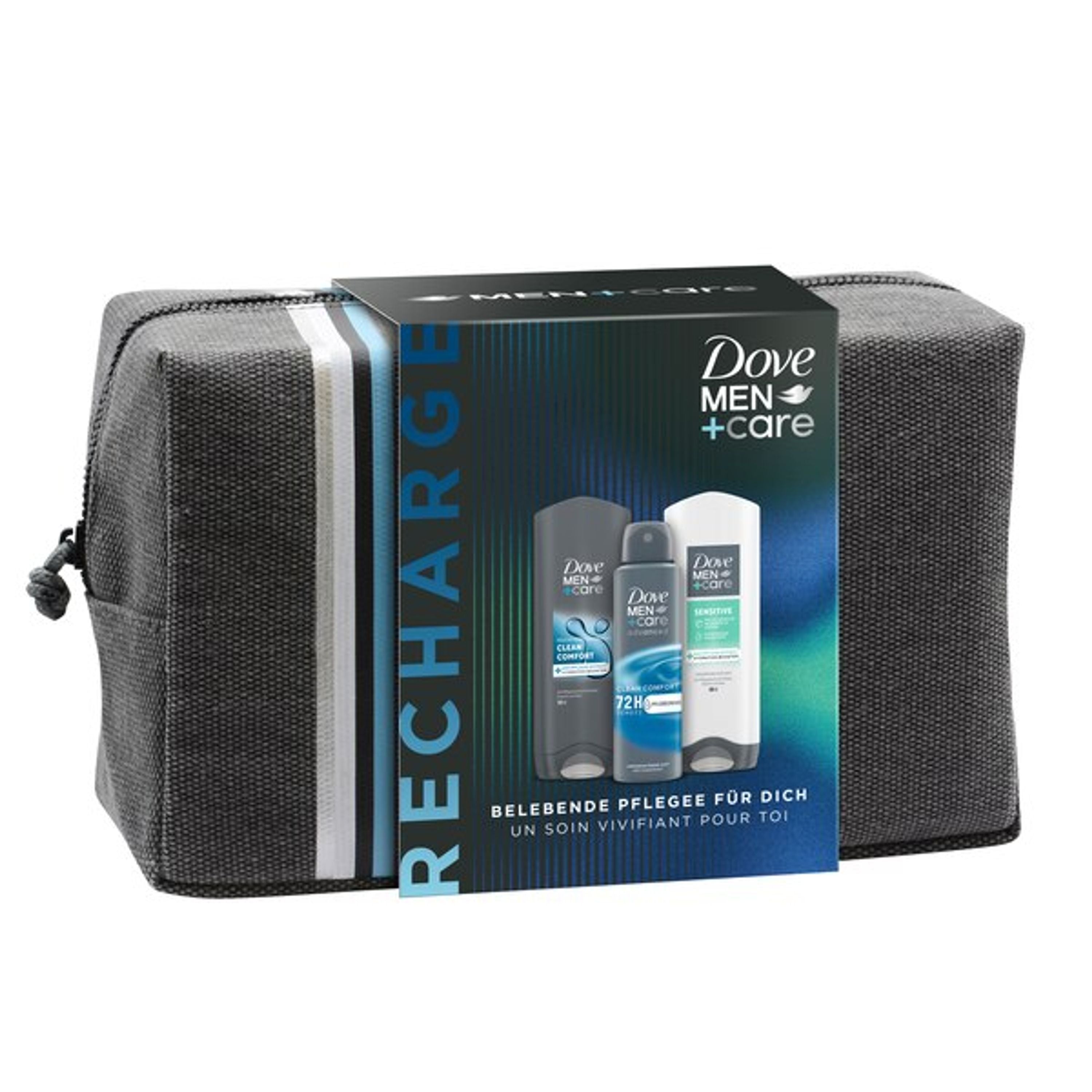 Dove Men+Care Geschenkset "Recharge" mit Clean Comfort + Sensitive Pflegedusche, Anti-Transpirant Deospray und einer Kulturtasche (2 x 250 ml + 150 ml)