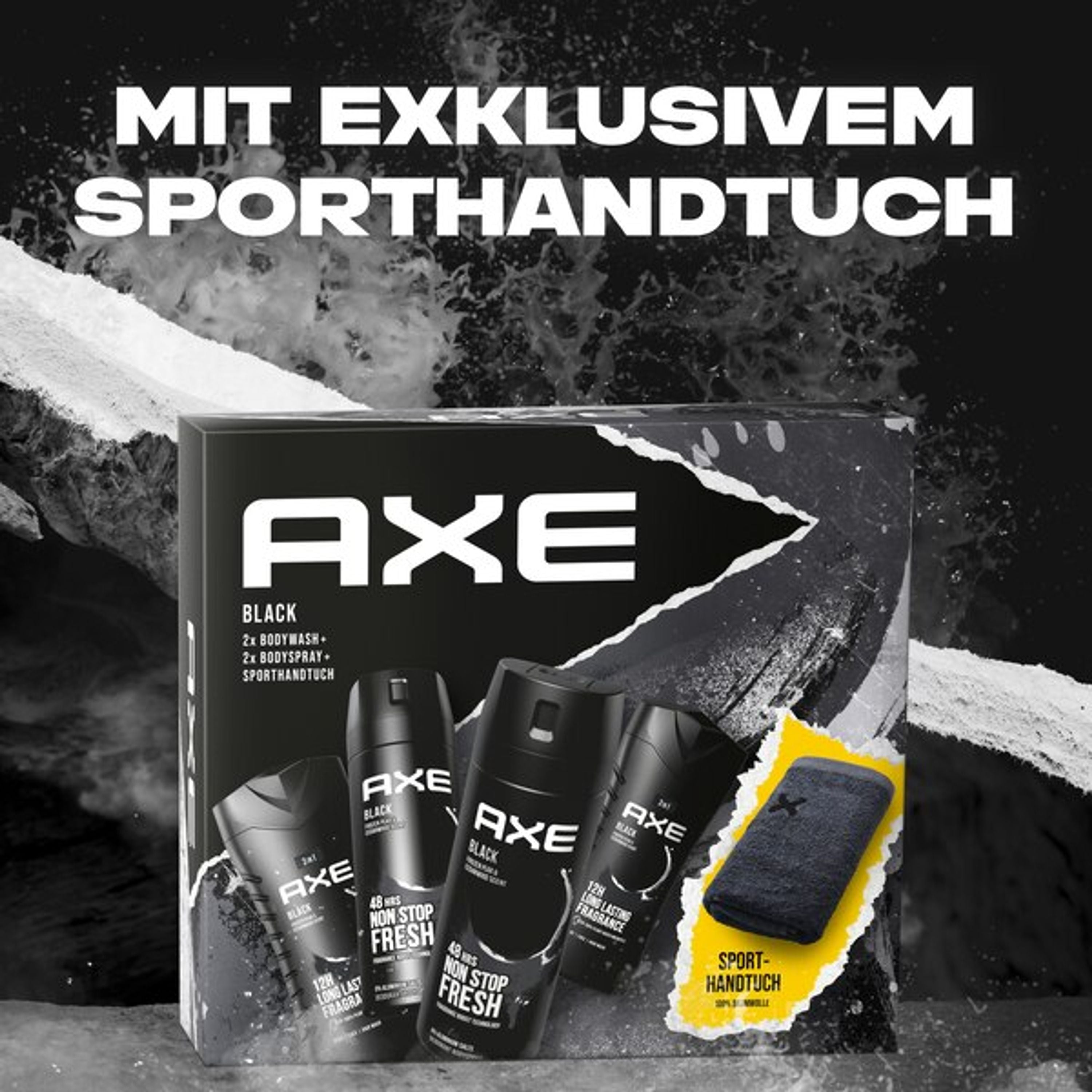 Axe  Geschenkset "Black" Pflegeset mit Bodyspray, Duschgel und Sporthandtuch (2 x 150 ml + 2 x 250 ml)