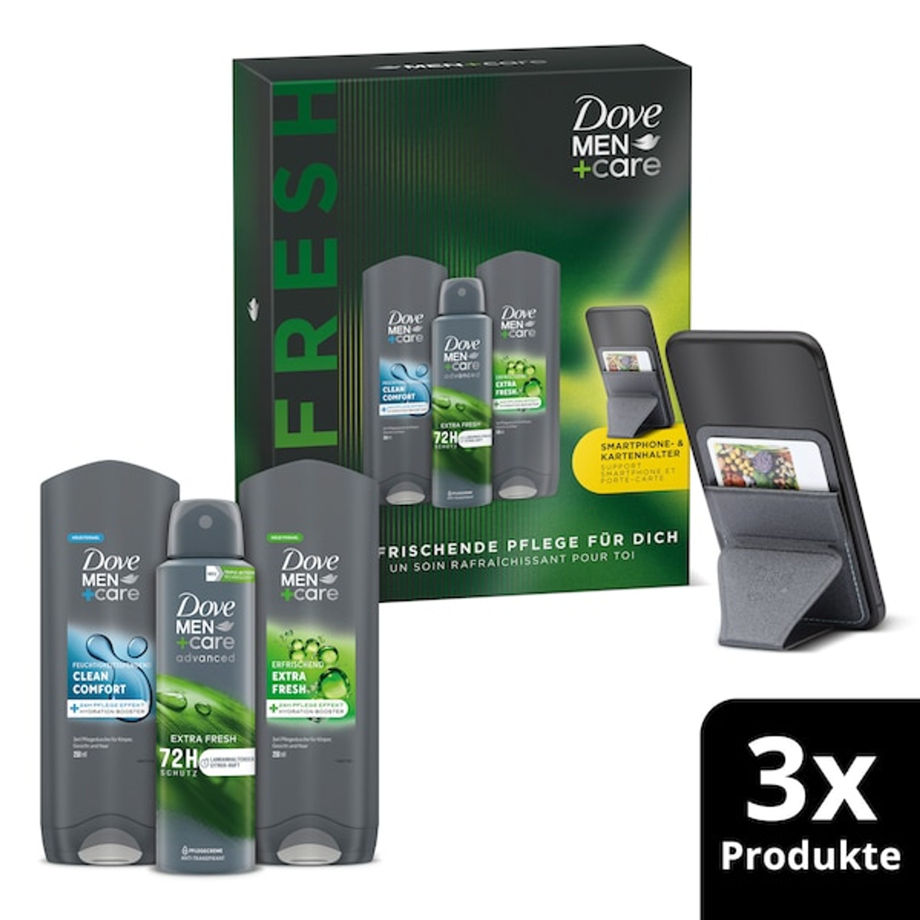 Dove Men+Care "REFRESH" Geschenkset Clean Comfort + Extra Fresh Pflegeset mit 2 Pflegeduschen, Deospray und Smartphone- & Kartenhalter (2 x 250 ml + 150 ml)