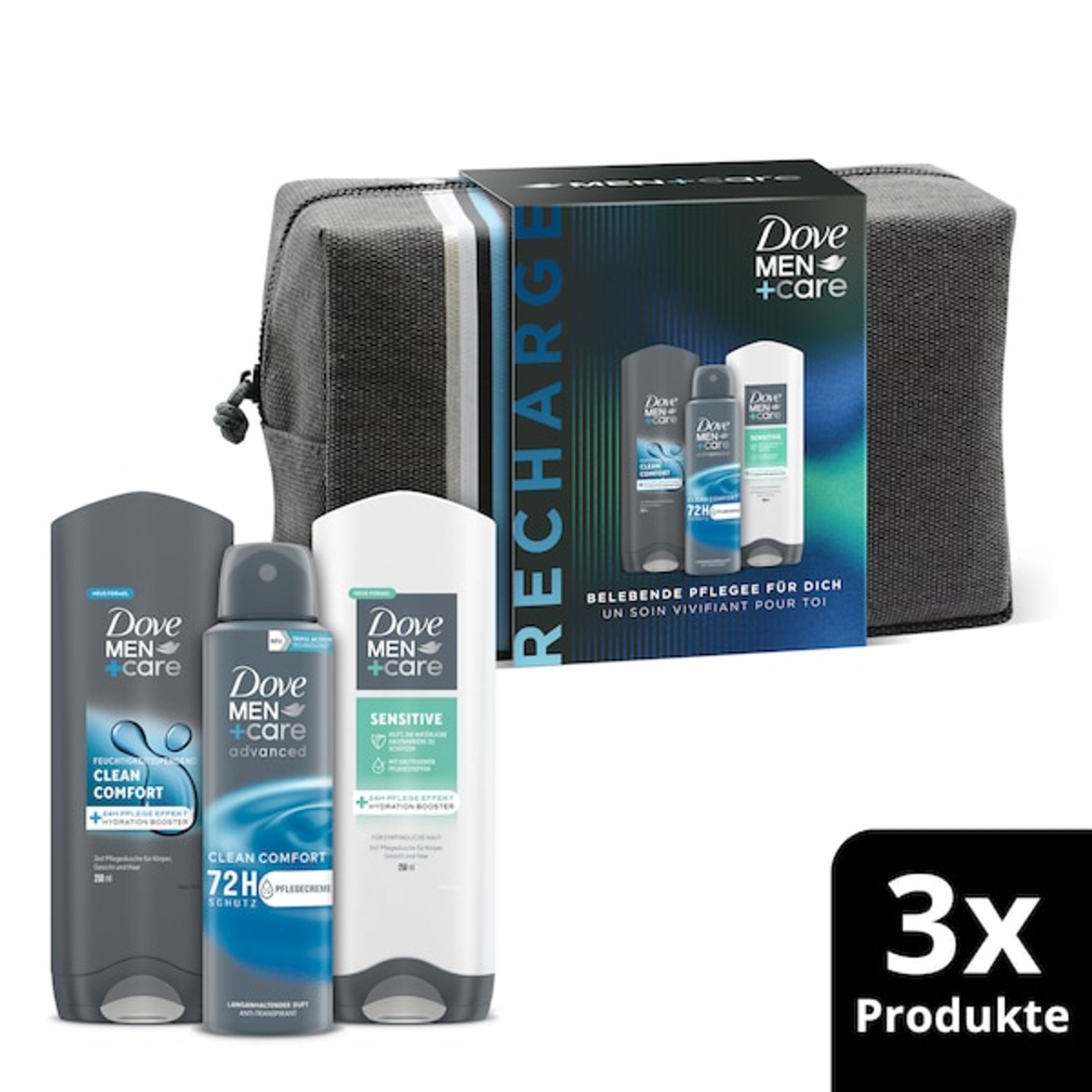 Dove Men+Care Geschenkset "Recharge" mit Clean Comfort + Sensitive Pflegedusche, Anti-Transpirant Deospray und einer Kulturtasche (2 x 250 ml + 150 ml)