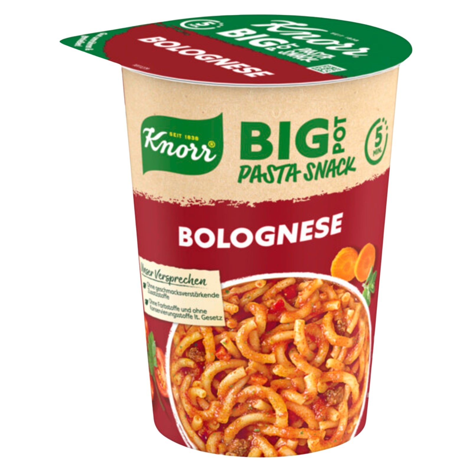 Knorr Big Pasta Snack Pot Bolognese leckere Instant Nudeln fertig in nur 5 Minuten 88 g 1 Portion