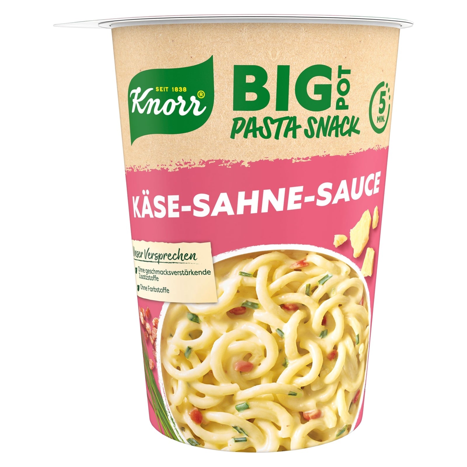 Knorr  Big Pasta Snack Pot Käse-Sahne-Sauce leckere Instant Nudeln fertig in nur 5 Minuten 92 g 1 Portion