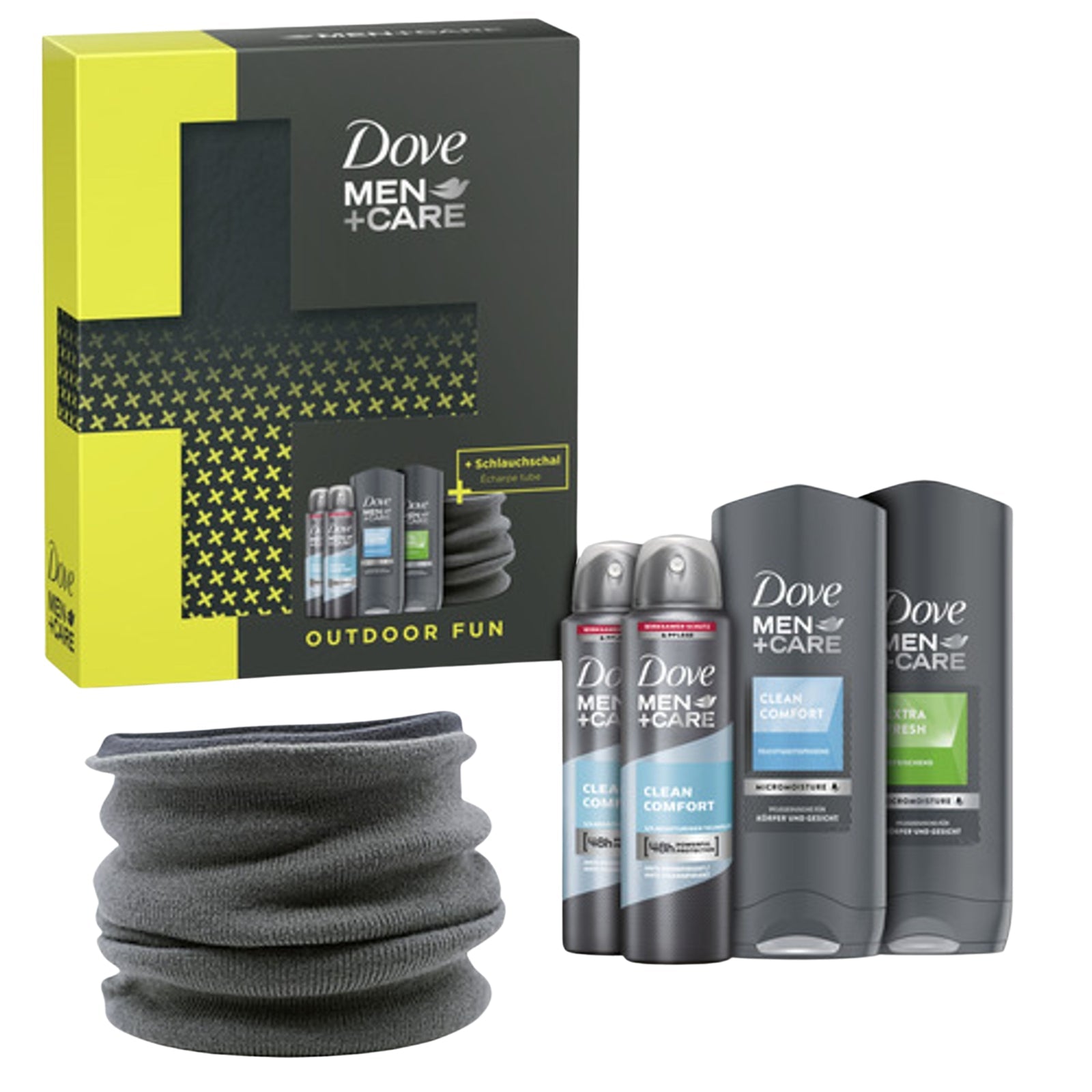 Dove Men+Care Geschenkbox Clean Comfort Pflegeset mit Duschgel, Antitranspirant und Schlauchschal
